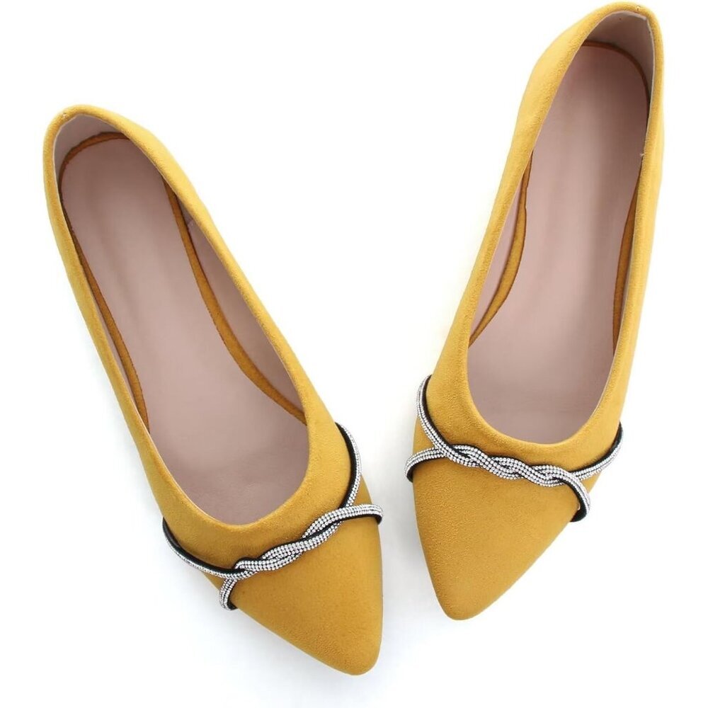 Women's Yellow Casual Flats Fashion Chain Pointed Toe Ballet Flat Rhinestone - Picture 2 of 7